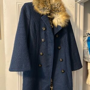 Laundry By Shelli Segal Navy Pea Coat with Faux Fur Collar Size 10